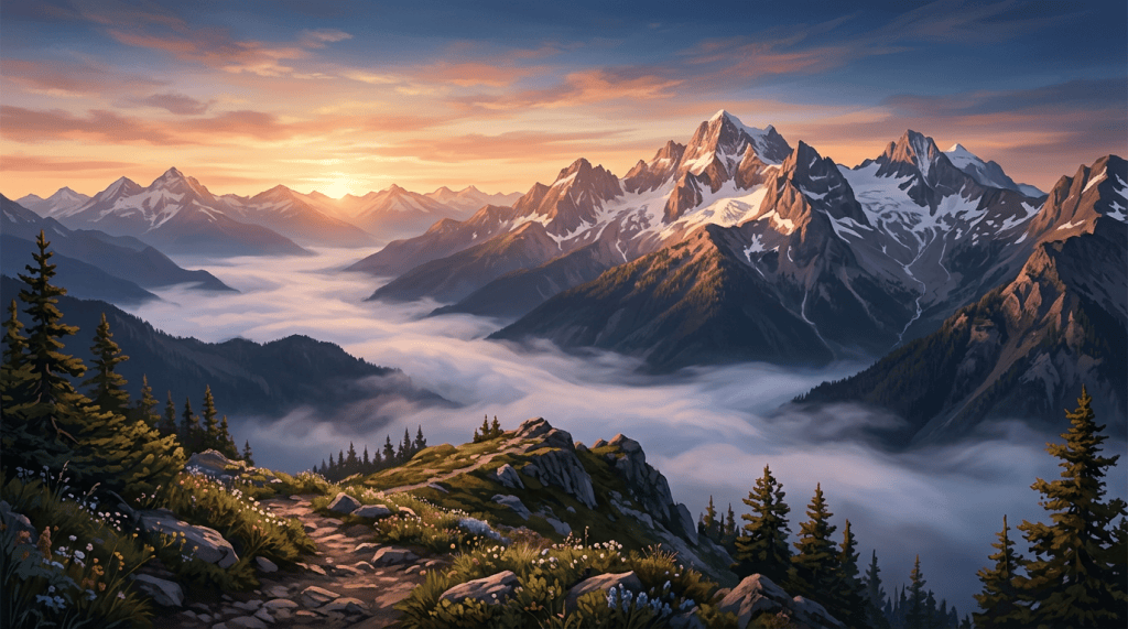 Sunrise illuminating snow-capped mountains above a misty alpine valley